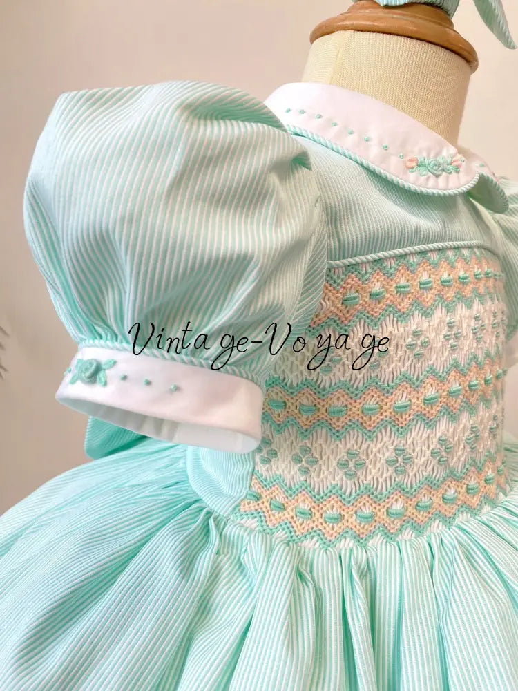 PRE-ORDER!NEW!TAMMY MINT 👗 STRIPES HAND-SMOCKED🧵🪡DRESS & HAIR ACCESSORIES🎀 Baby & Toddler Dresses