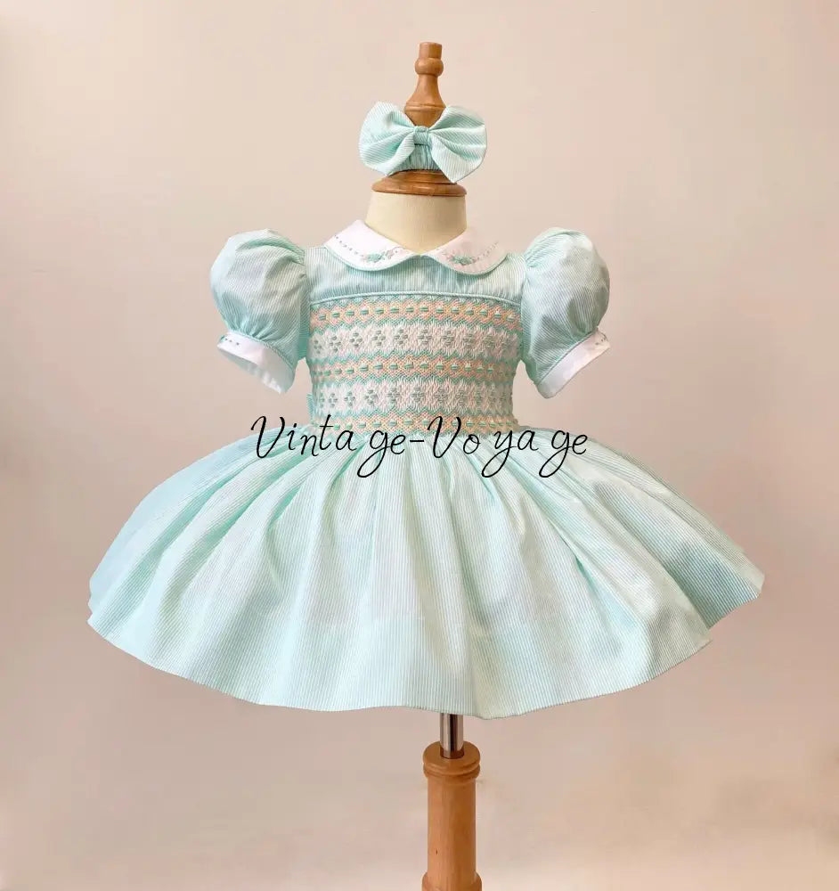 PRE-ORDER!NEW!TAMMY MINT 👗 STRIPES HAND-SMOCKED🧵🪡DRESS & HAIR ACCESSORIES🎀 Baby & Toddler Dresses