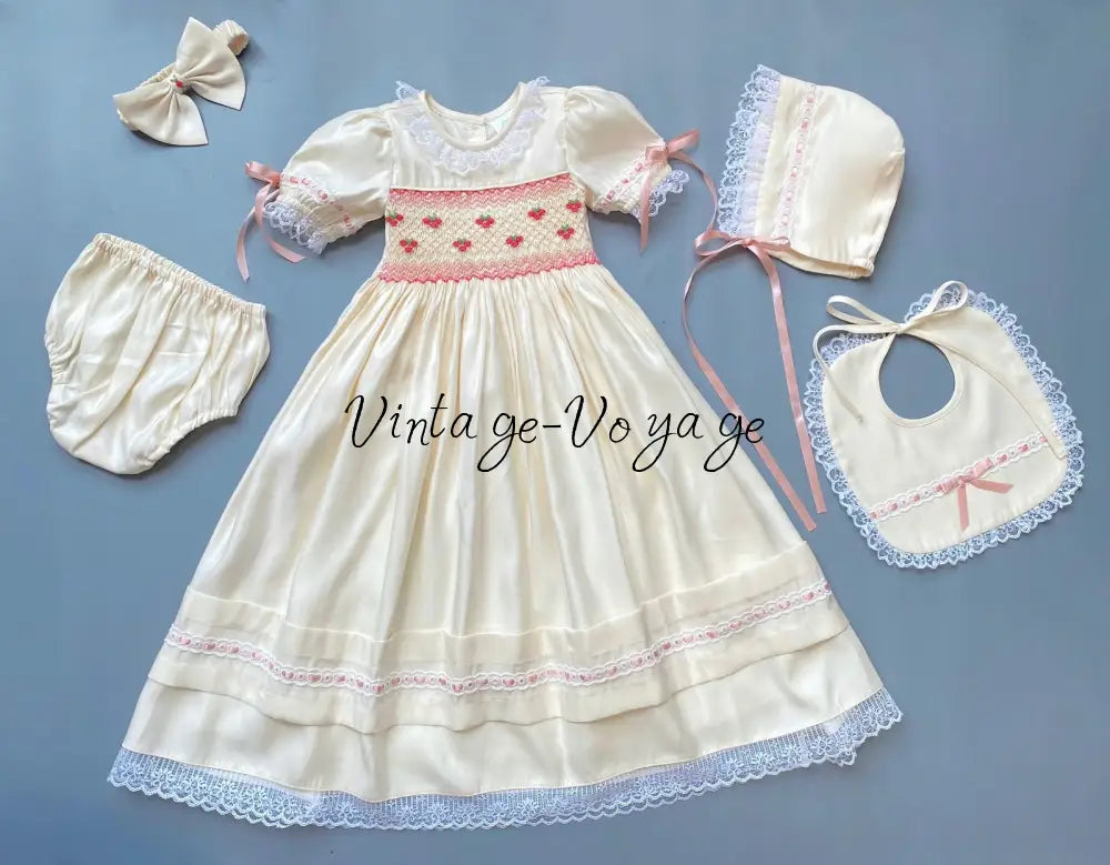 PRE-ORDER! NEW! TERESA BISCUIT HAND-SMOCKED CEREMONY/DAY GOWN BONNET BIB & HEADBAND SET NB-1M Baby & Toddler Outfits