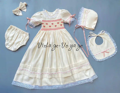 PRE-ORDER! NEW! TERESA BISCUIT HAND-SMOCKED CEREMONY/DAY GOWN BONNET BIB & HEADBAND SET NB-1M Baby & Toddler Outfits