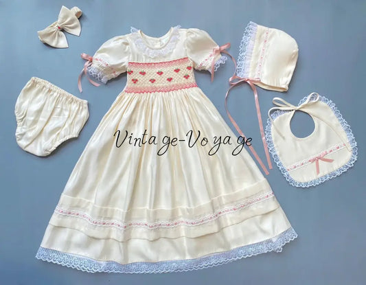 PRE-ORDER! NEW! TERESA BISCUIT HAND-SMOCKED CEREMONY/DAY GOWN BONNET BIB & HEADBAND SET NB-1M Baby & Toddler Outfits