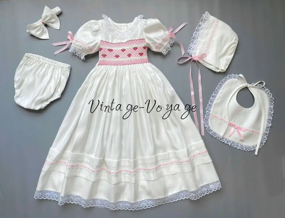 PRE-ORDER❣️NEW👑TERESA🧚🏻‍♀️🧚WHITE🍦HAND-SMOCKED🧵🪡CEREMONY/DAY GOWN BONNET BIB,KNICKERS & HEADBAND SET🎀 NB-1M Baby &