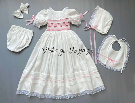 PRE-ORDER❣️NEW👑TERESA🧚🏻‍♀️🧚WHITE🍦HAND-SMOCKED🧵🪡CEREMONY/DAY GOWN BONNET BIB,KNICKERS & HEADBAND SET🎀 NB-1M Baby &