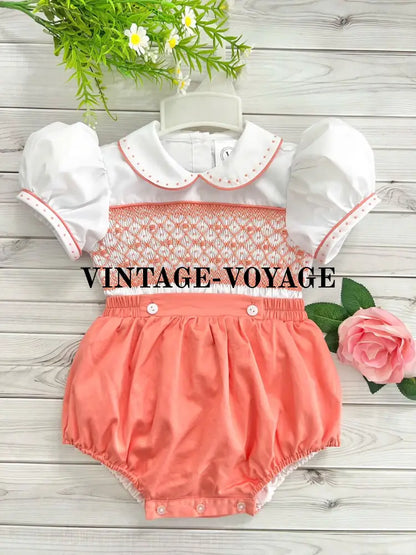 Pre-Order Now & Get It Next Week! Alex Peachy/Orange Hand-Smocked Baby Suit N/B Baby Toddler Outfits