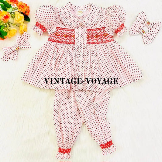 Pre-Order Now & Get It Next Week! Betty Red Polka Dot Hand-Smocked Pyjamas Hair Accessories 6M