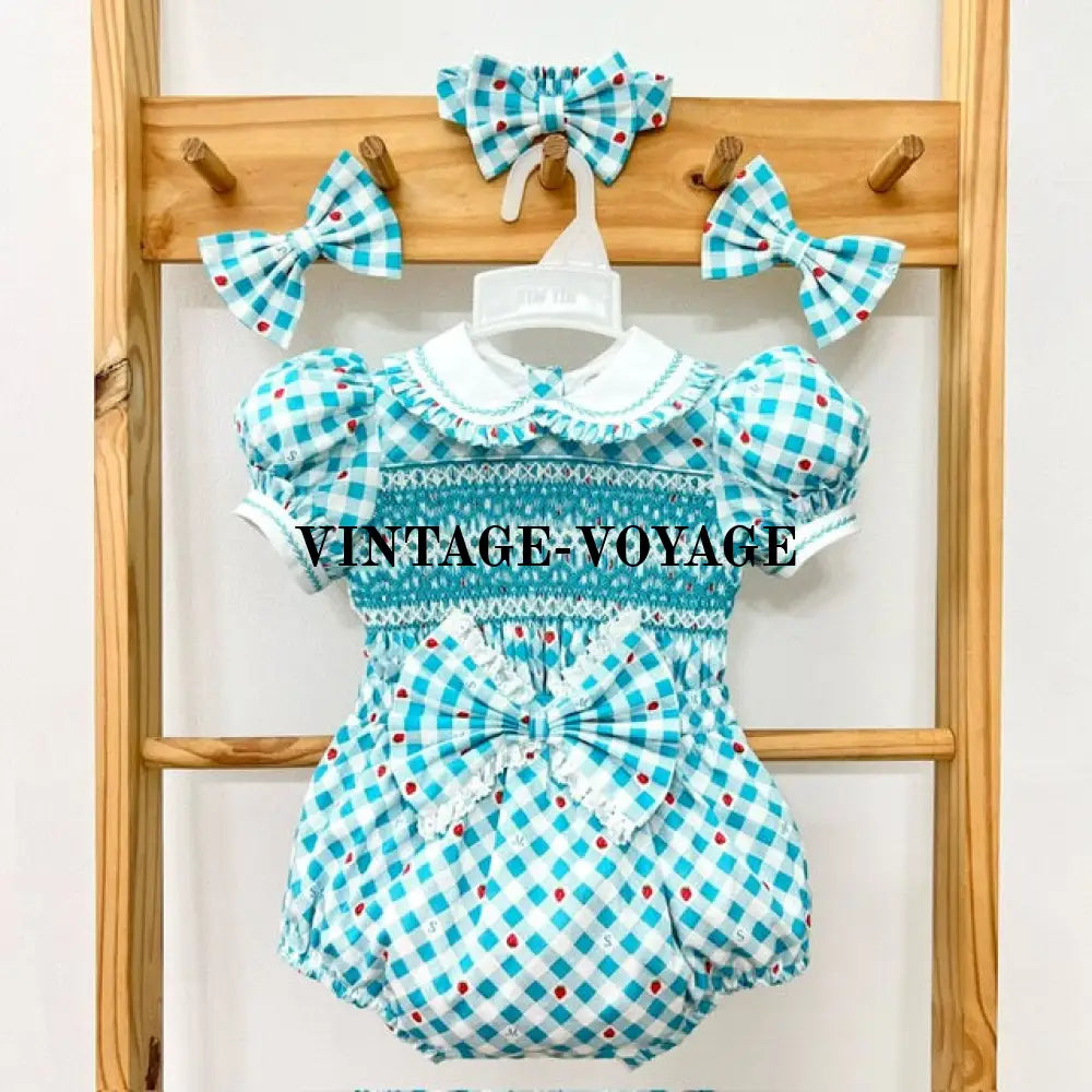CHLOE Blue Check Baby Girls Hand Smocked Outfit Headband SALE N B