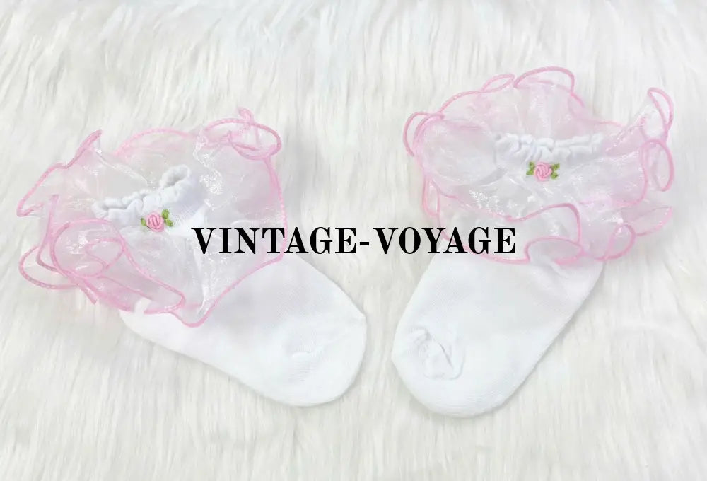 Pre-Order Now & Get It Next Week! Hand-Embroidered Baby Girls Frill White Pink Cotton Socks 0-6M