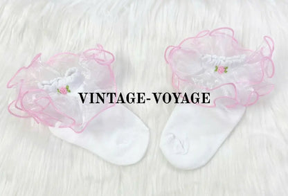 Pre-Order Now & Get It Next Week! Hand-Embroidered Baby Girls Frill White Pink Cotton Socks 0-6M