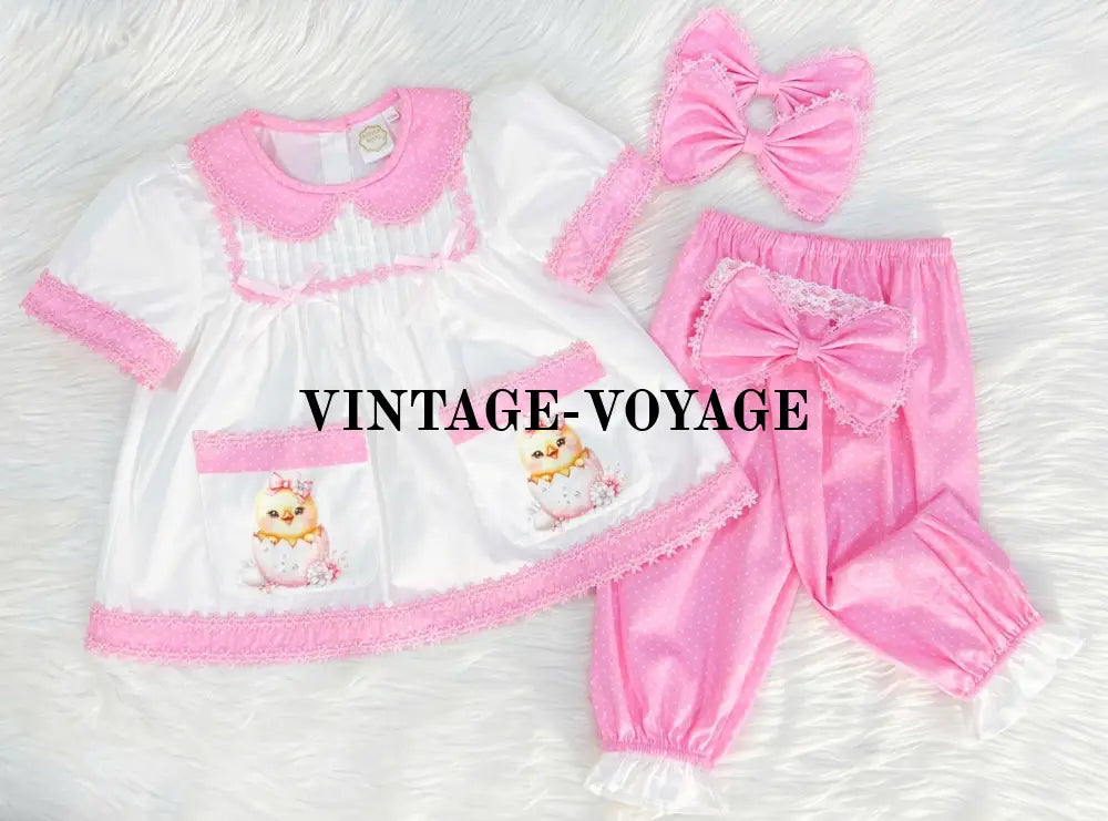 Pre-Order Now & Get It Next Week. Hen-Len White Pink Polka Dot Pyjama Hair Bows Pyjama Set