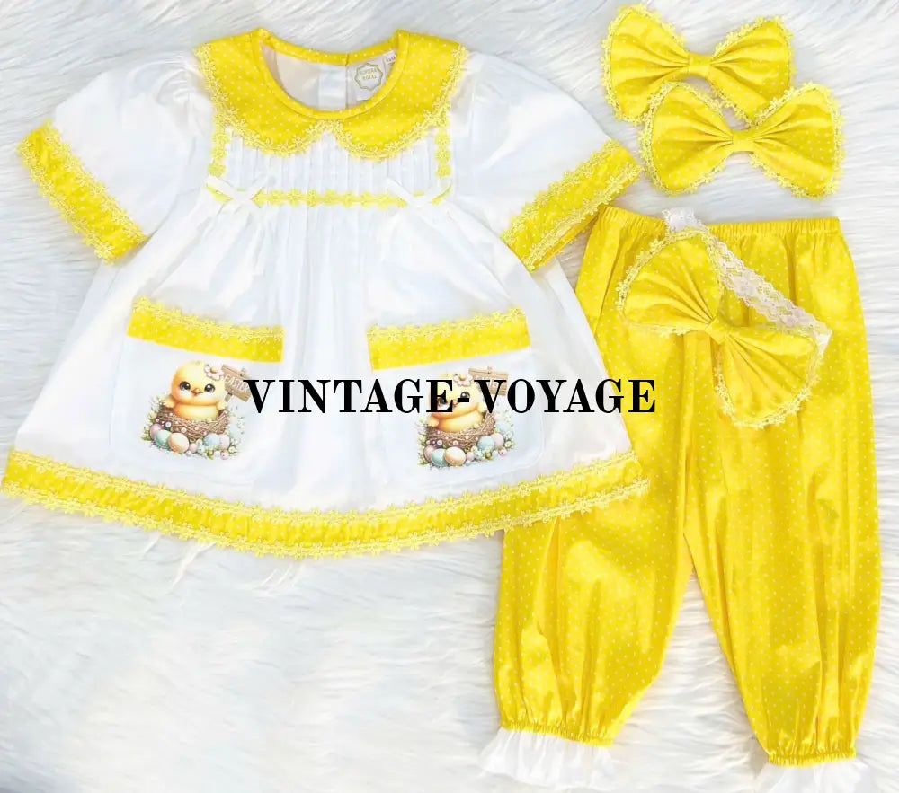 Pre-Order Now & Get It Next Week🤩Hen-Len White Yellow Polka Dot Pyjama Hair Bows🐣🌱 3M Pyjama Set