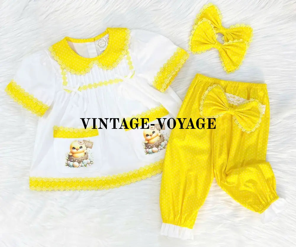 Pre-Order Now & Get It Next Week🤩Hen-Len White Yellow Polka Dot Pyjama Hair Bows🐣🌱 Pyjama Set