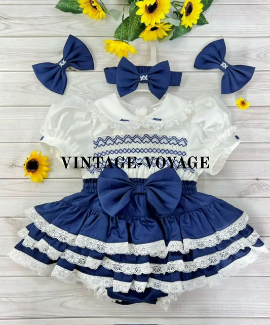 Pre-Order Now & Get It Next Week! 🎅🎄Lisa Navy Baby Girls Hand-Smocked Skirt Set Hair