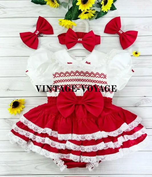 Pre-Order Now & Get It Next Week! 🎅 Lisa Red Baby Girls Hand-Smocked Skirt Set Hair