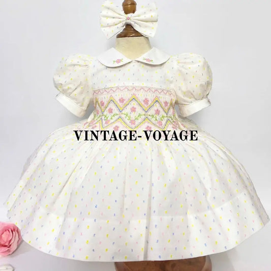 Pre-Order Now & Get It Next Week! Melanie Pink/Lemon Swiss Dot Hand-Smocked Dress Bows N/B-1M Baby