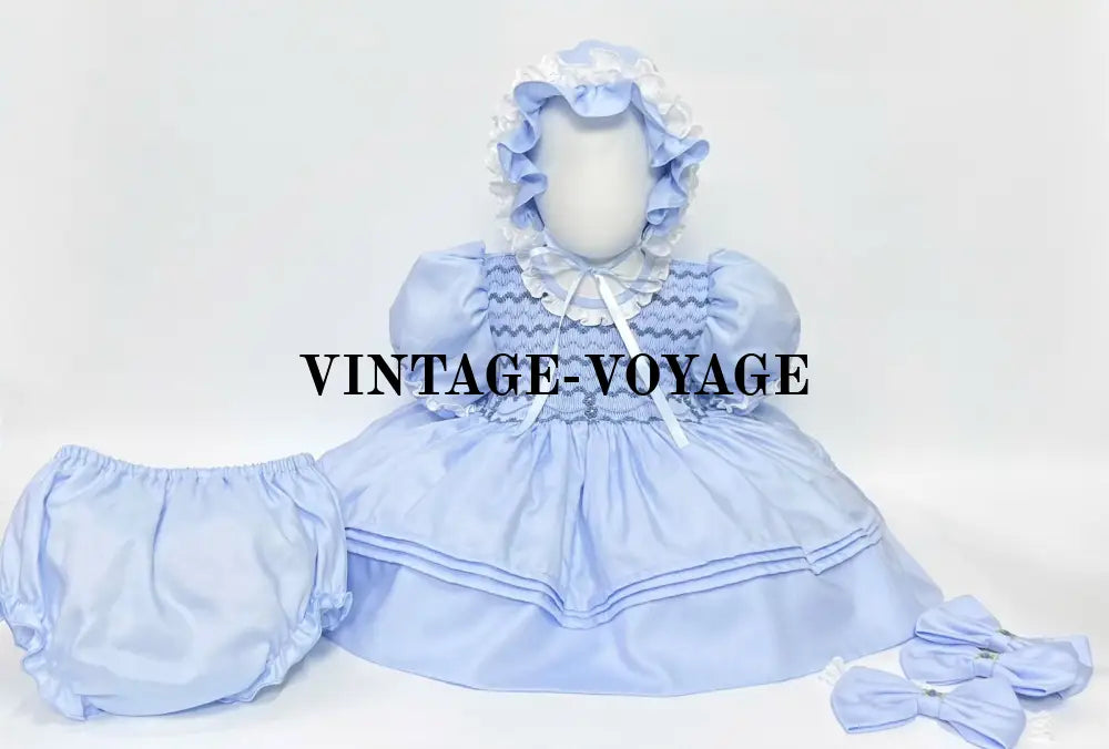 Pre-Order Now & Get It Next Week! Nancy Blue Hand-Smocked Dress Panties Bonnet Hair