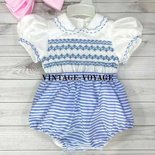 Pre-Order Now & Get It Next Week. New Ashley Blue Stripes Hand-Smocked Romper/Suit N/B Baby Toddler