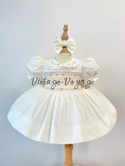 PRE-ORDER NOW & GET IT NEXT WEEK! NEW! LUNA PALE CREAM HAND-SMOCKED DRESS PANTIES BIB & HAIR ACCESSORIES - NB-1M - Baby