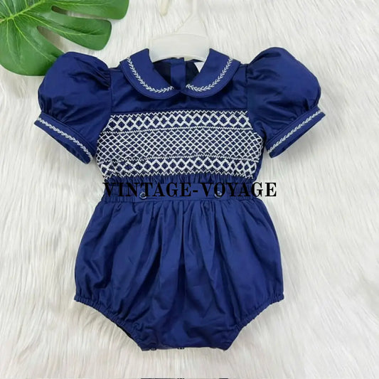 Pre-Order Now & Get It Next Week👑Oliver 🤩Navy Blue Baby Boys Hand-Smocked Romper/Suit👶 N/B