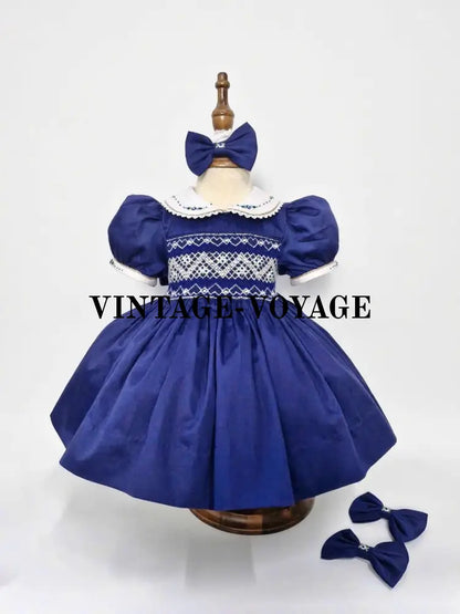 Pre-Order Now & Get It Next Week! Paloma Navy Hand-Smocked Dress Hair Bows🎀🎀 3M Baby Toddler Dresses