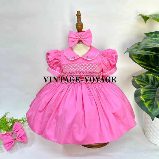 Pre-Order Now & Get It Next Week🍂Tiffany💖Bubble Gum Pink Hand-Smocked Dress Hair Bows🎀🎀