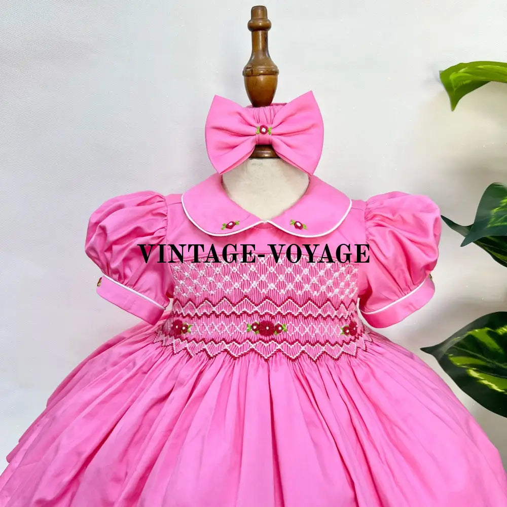 Pre-Order Now & Get It Next Week🍂Tiffany💖Bubble Gum Pink Hand-Smocked Dress Hair Bows🎀🎀