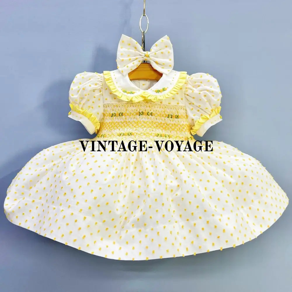 PRE-ORDER NOW & GET NEXT WEEK☀️AGNES LEMON🍋SWISS DOT HAND-SMOCKED🧵🪡DRESS & BOWS OR HEADBAND🎀🎀 0-3M Baby & Toddler