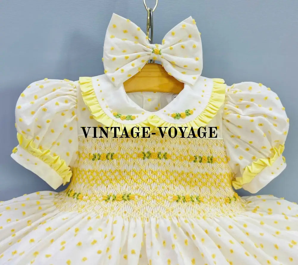 PRE-ORDER NOW & GET NEXT WEEK☀️AGNES LEMON🍋SWISS DOT HAND-SMOCKED🧵🪡DRESS & BOWS OR HEADBAND🎀🎀 Baby & Toddler Dresses