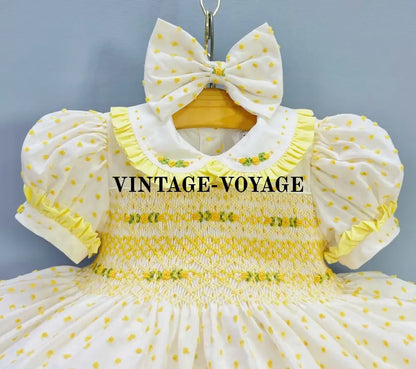 PRE-ORDER NOW & GET NEXT WEEK☀️AGNES LEMON🍋SWISS DOT HAND-SMOCKED🧵🪡DRESS & BOWS OR HEADBAND🎀🎀 Baby & Toddler Dresses