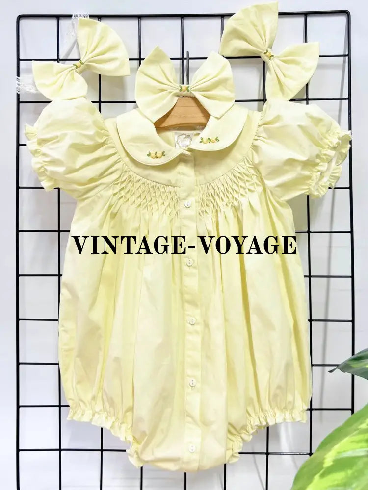 PRE-ORDER NOW & GET NEXT WEEK🍋BABY GIRLS GRETA LEMON🌷HAND-SMOCKED🧵🪡ROMPER & HAIR BOWS OR HEADBANDS🎀🎀 1M Baby & Toddler