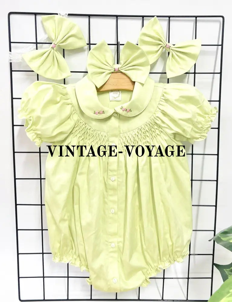PRE-ORDER NOW & GET NEXT WEEK😍BABY GIRLS GRETA LIME GREEN🍀HAND-SMOCKED🧵🪡ROMPER & HAIR BOWS OR HEADBANDS🎀🎀 1M Baby &