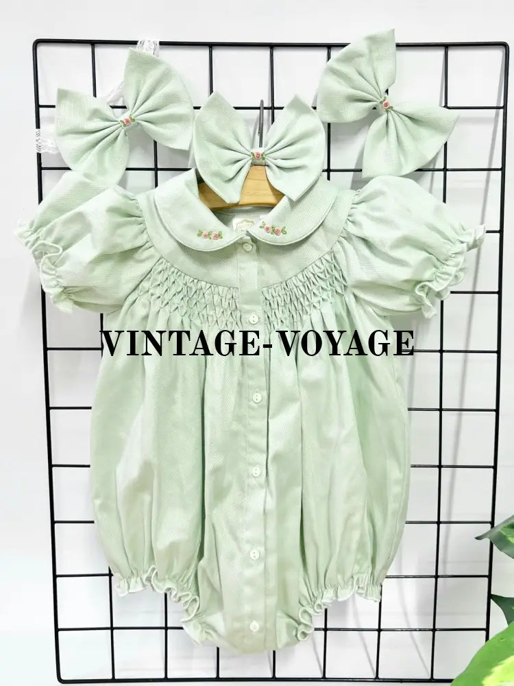 PRE-ORDER NOW & GET NEXT WEEK😍BABY GIRLS GRETA MINT🧚HAND-SMOCKED🧵🪡ROMPER & HAIR BOWS OR HEADBANDS🎀🎀 1M Baby & Toddler