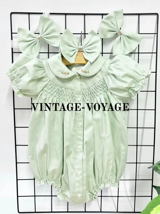 PRE-ORDER NOW & GET NEXT WEEK😍BABY GIRLS GRETA MINT🧚HAND-SMOCKED🧵🪡ROMPER & HAIR BOWS OR HEADBANDS🎀🎀 1M Baby & Toddler