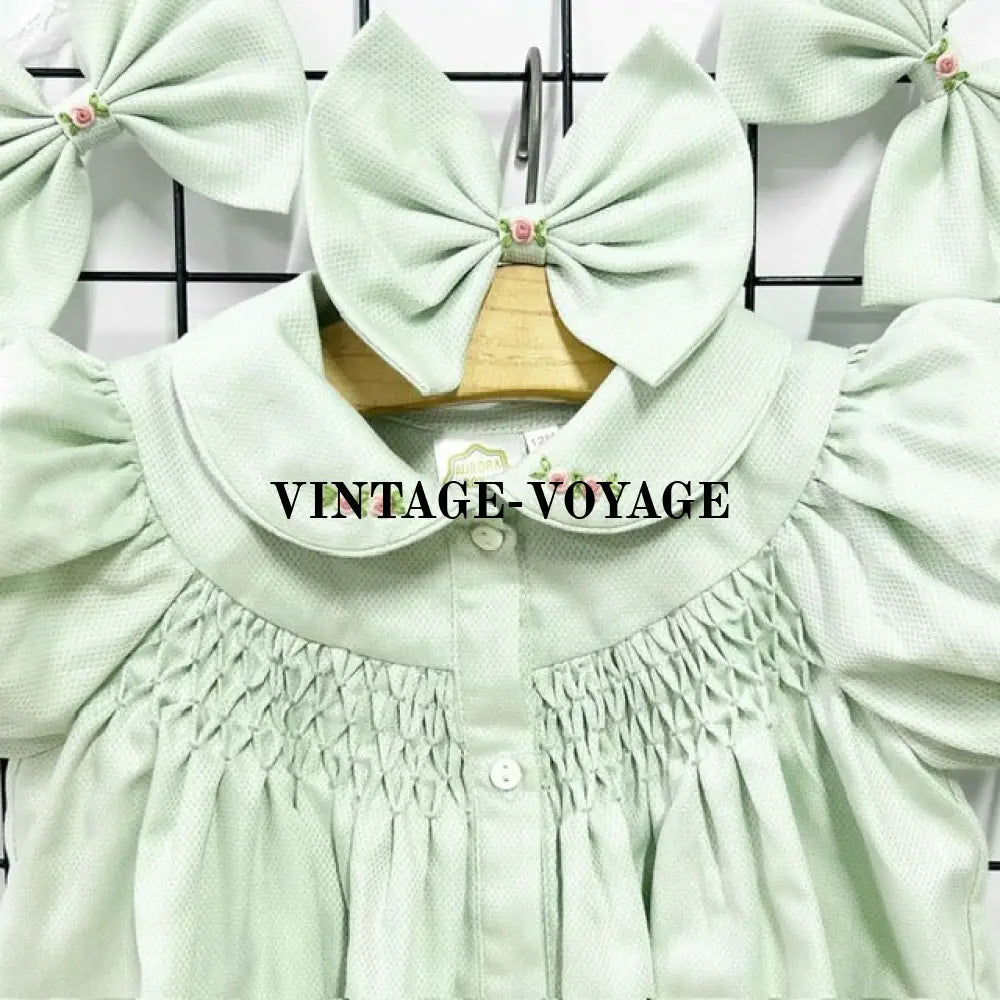 PRE-ORDER NOW & GET NEXT WEEK😍BABY GIRLS GRETA MINT🧚HAND-SMOCKED🧵🪡ROMPER & HAIR BOWS OR HEADBANDS🎀🎀 Baby & Toddler