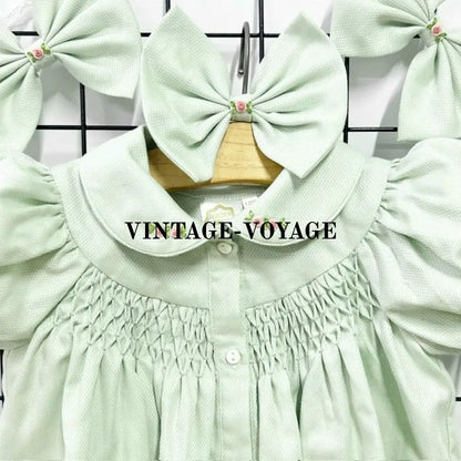PRE-ORDER NOW & GET NEXT WEEK😍BABY GIRLS GRETA MINT🧚HAND-SMOCKED🧵🪡ROMPER & HAIR BOWS OR HEADBANDS🎀🎀 Baby & Toddler