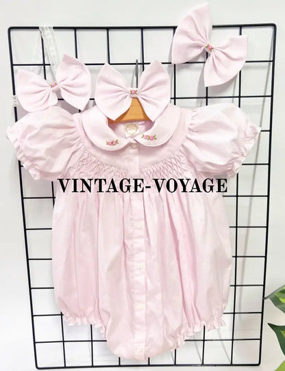 PRE-ORDER NOW & GET NEXT WEEK😍BABY GIRLS GRETA PALE PINK🌷HAND-SMOCKED🧵🪡ROMPER & HAIR BOWS OR HEADBANDS🎀🎀 1M Baby &