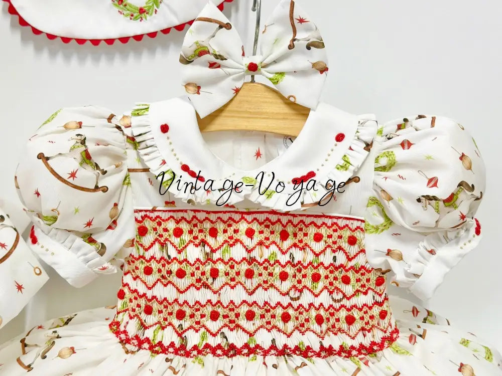 PRE-ORDER NOW & GET NEXT WEEK! FESTIVE FUN HAND-SMOCKED DRESS,PANTIES,BIB & BOWS 0-3 months Baby & Toddler Dresses