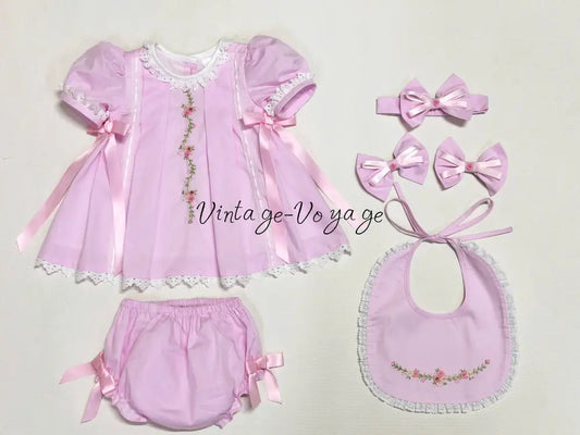 PRE-ORDER NOW & GET NEXT WEEK❤️NEW👼ALINA🧚PINK FOUR-PIECE HAND-EMBROIDERED🧵🪡BABY OUTFIT🎀 0-3 months Baby & Toddler