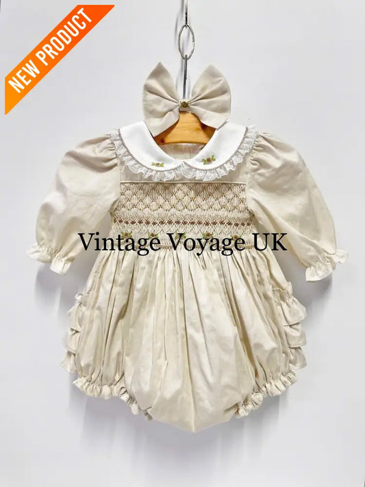 PRE-ORDER NOW & GET NEXT WEEK🤩NEW😍BECKY CREAM🍦HAND-SMOCKED🧵🪡ROMPER/SUIT🎀 0-3 months Baby & Toddler Outfits