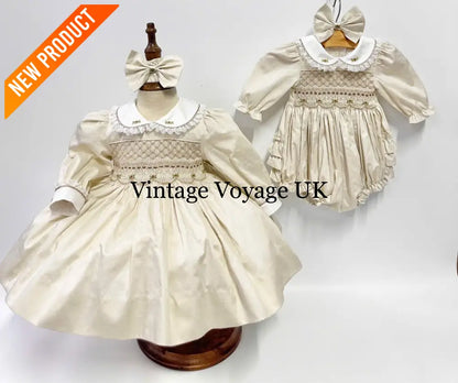 PRE-ORDER NOW & GET NEXT WEEK🤩NEW😍BECKY CREAM🍦HAND-SMOCKED🧵🪡ROMPER/SUIT🎀 Baby & Toddler Outfits