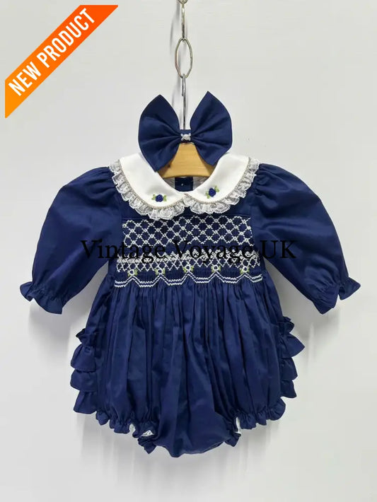 PRE-ORDER NOW & GET NEXT WEEK!NEW! BECKY NAVY BLUE HAND-SMOCKED ROMPER/SUIT 0-3 months Baby & Toddler Outfits