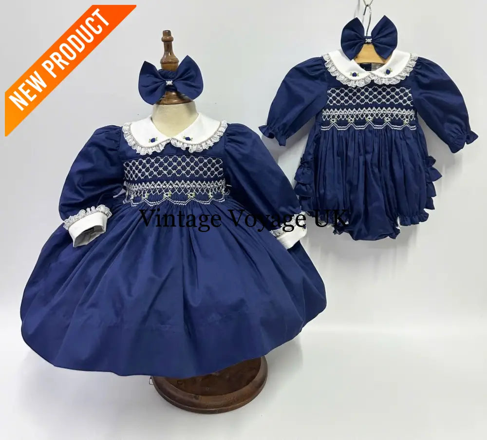 PRE-ORDER NOW & GET NEXT WEEK!NEW! BECKY NAVY BLUE HAND-SMOCKED ROMPER/SUIT Baby & Toddler Outfits