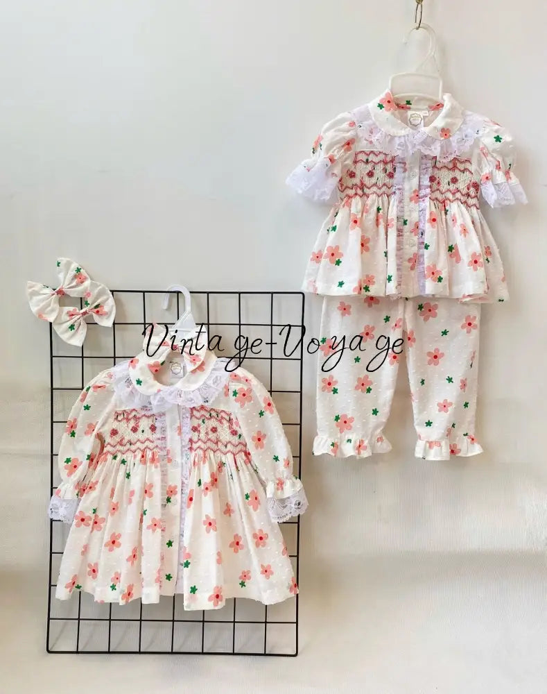 PRE-ORDER NOW & GET NEXT WEEK!NEW!BETSY SWISS DOT CORAL FLORAL💐HAND-SMOCKED PYJAMA,GOWN & HAIR BOWS🎀 6M pyjama set