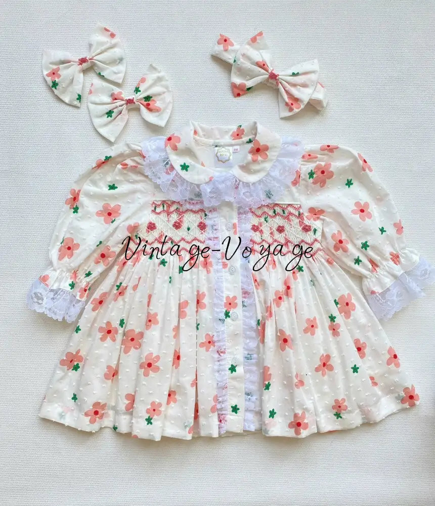 PRE-ORDER NOW & GET NEXT WEEK!NEW!BETSY SWISS DOT CORAL FLORAL💐HAND-SMOCKED PYJAMA,GOWN & HAIR BOWS🎀 pyjama set