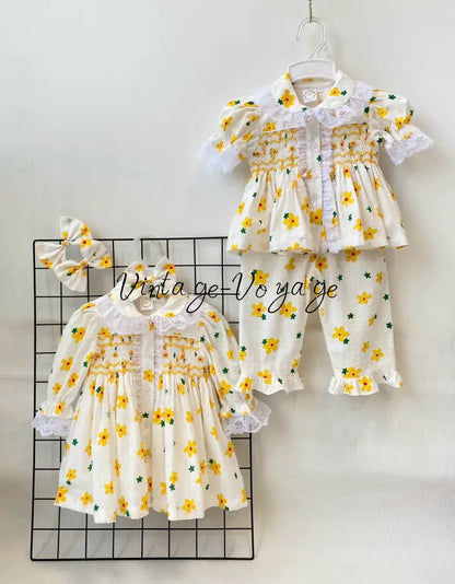PRE-ORDER NOW & GET NEXT WEEK!NEW!BETSY SWISS DOT LEMON FLORAL💐HAND-SMOCKED PYJAMA,GOWN & HAIR BOWS🎀 6M pyjama set