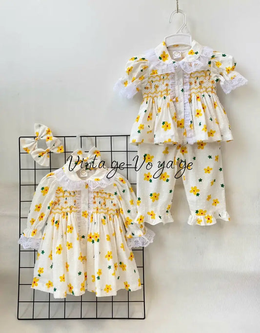 PRE-ORDER NOW & GET NEXT WEEK!NEW!BETSY SWISS DOT LEMON FLORAL💐HAND-SMOCKED PYJAMA,GOWN & HAIR BOWS🎀 6M pyjama set