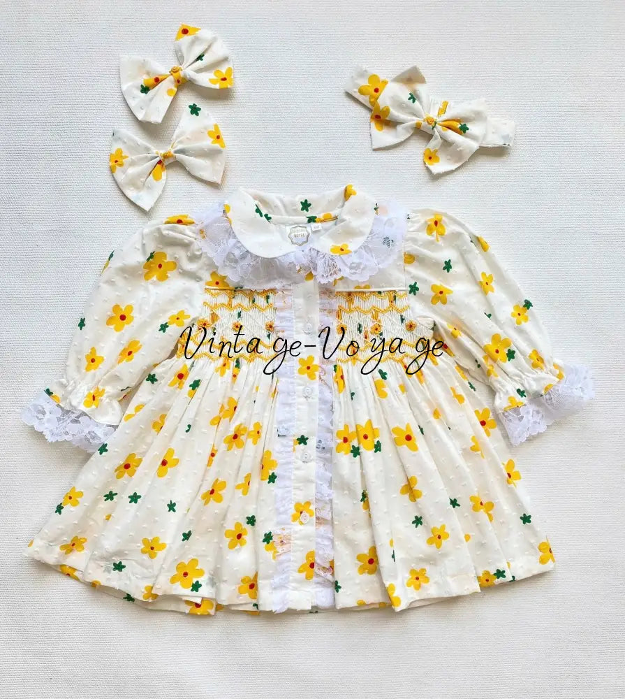 PRE-ORDER NOW & GET NEXT WEEK!NEW!BETSY SWISS DOT LEMON FLORAL💐HAND-SMOCKED PYJAMA,GOWN & HAIR BOWS🎀 pyjama set
