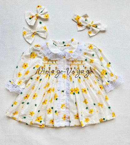 PRE-ORDER NOW & GET NEXT WEEK!NEW!BETSY SWISS DOT LEMON FLORAL💐HAND-SMOCKED PYJAMA,GOWN & HAIR BOWS🎀 pyjama set