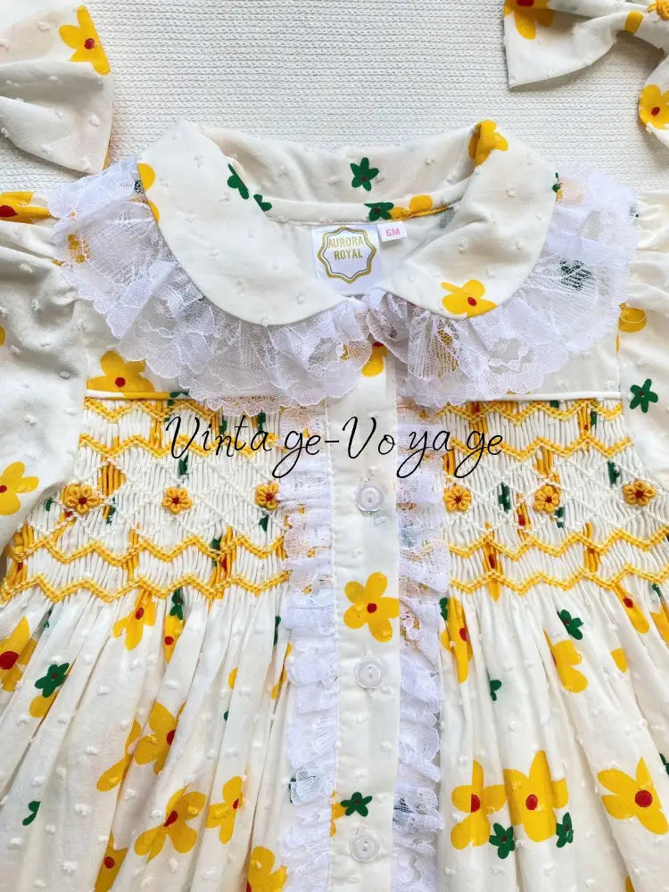 PRE-ORDER NOW & GET NEXT WEEK!NEW!BETSY SWISS DOT LEMON FLORAL💐HAND-SMOCKED PYJAMA,GOWN & HAIR BOWS🎀 pyjama set