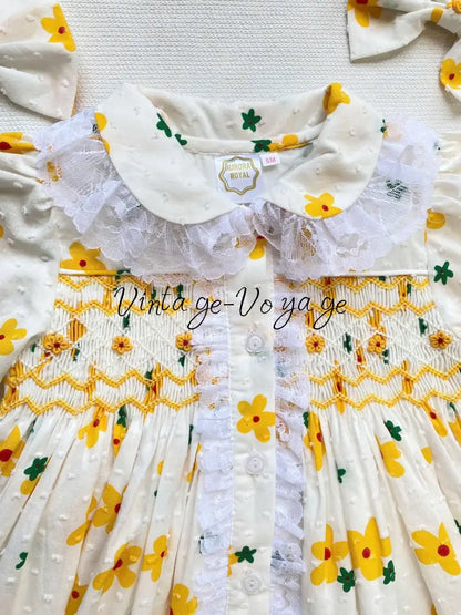 PRE-ORDER NOW & GET NEXT WEEK!NEW!BETSY SWISS DOT LEMON FLORAL💐HAND-SMOCKED PYJAMA,GOWN & HAIR BOWS🎀 pyjama set