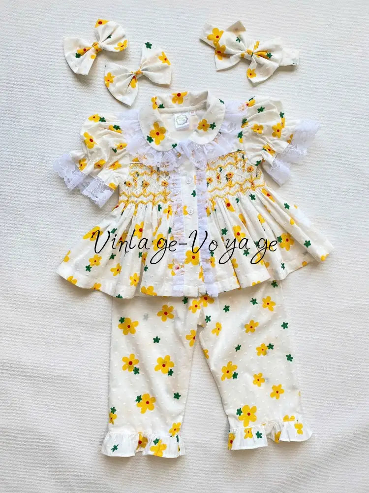 PRE-ORDER NOW & GET NEXT WEEK!NEW!BETSY SWISS DOT LEMON FLORAL💐HAND-SMOCKED PYJAMA,GOWN & HAIR BOWS🎀 pyjama set
